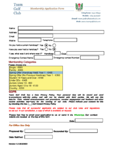Tuam Golf Club 2023 Membership application form
